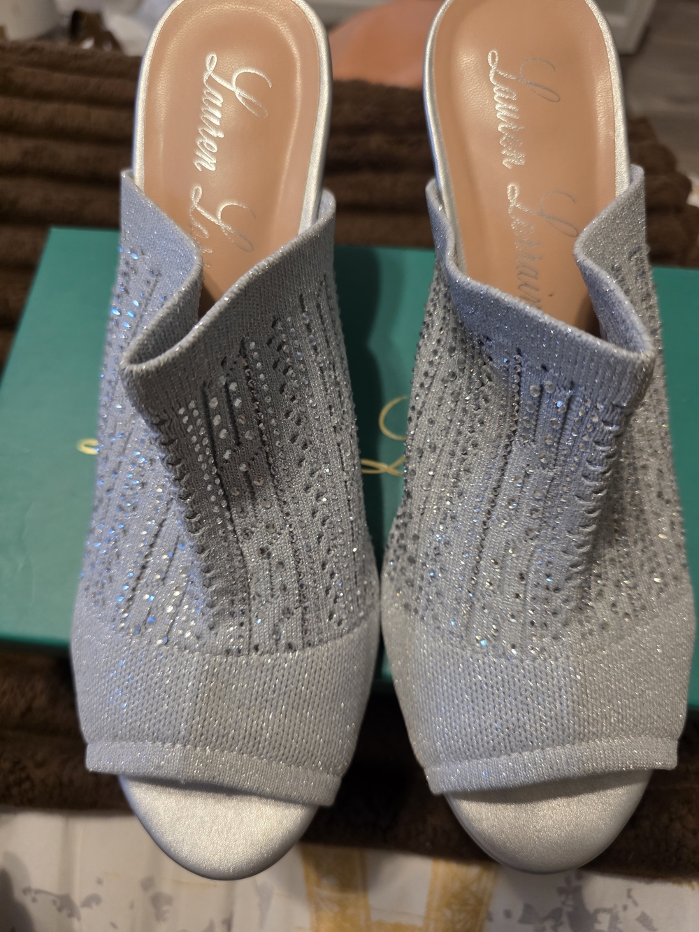 Lauren Lorraine Silver Sparkle Peep-Toe Knit Mules